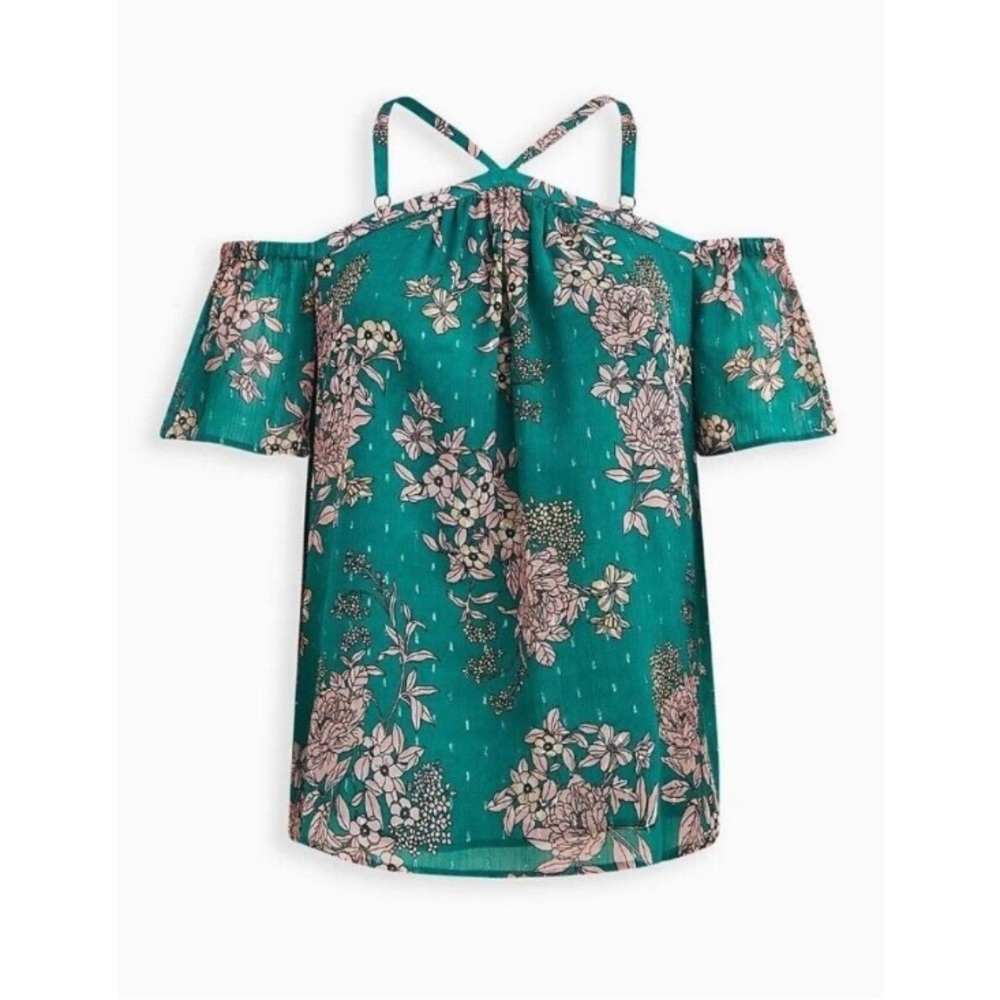 Torrid Plus Size 2 Cold Shoulder Crinkle Chiffon Sheer Lined Green Floral - Picture 4 of 13